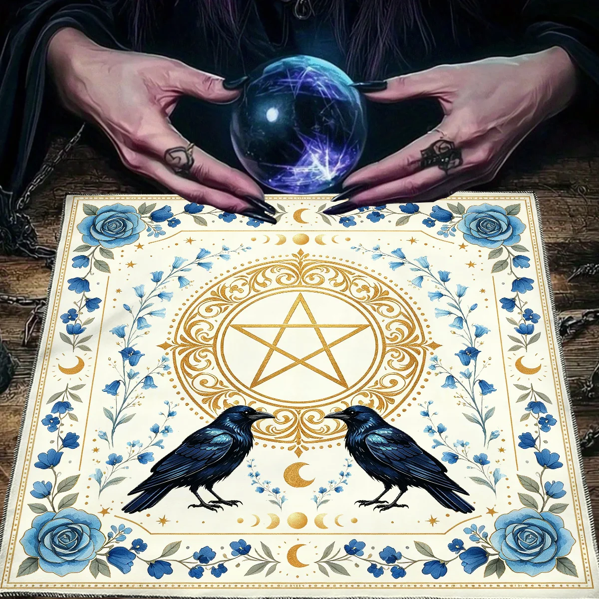 Moon Crow Tarot Card Table Cloth with Floral Pentagram Altar Cloth Witchcraft Astrology Oracle Cards Pad Decor Divination Tools