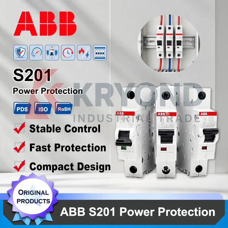 Disjuntor Miniatura ABB S201 MCB 1P 2P 3P 4P, Interruptor de Proteção de Baixa Tensão, Trilho DIN, Distribuição Industrial, Segurança Elétrica