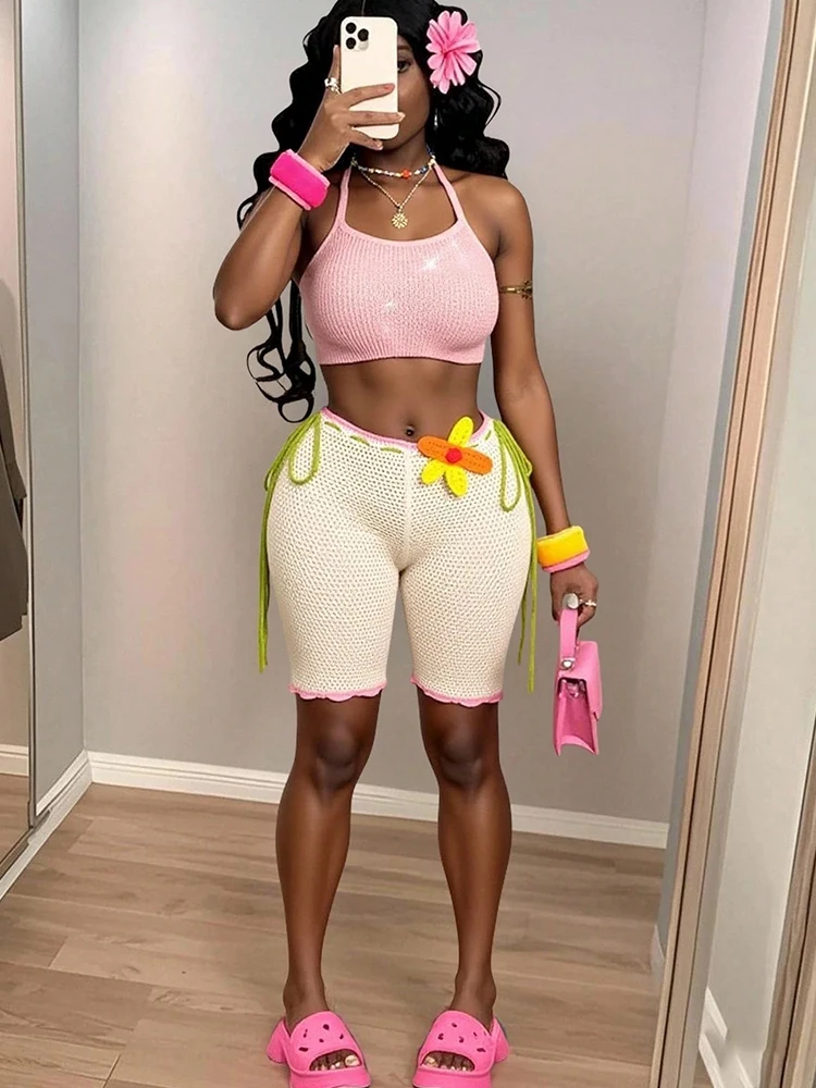 Women's Spring/Summer Crochet Knit Color-Block Hollow-Out Shorts 3D Floral Decor Sexy Beach Babe High-Waist Wide-Leg Pants