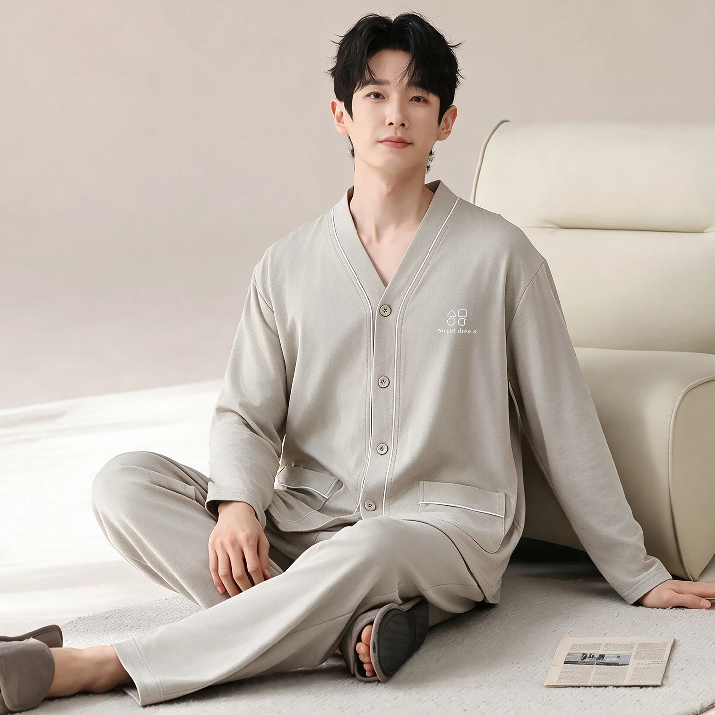 Big Size M-5XL Men Pajamas Set Knited Cotton Sleepwear Male Autumn Long Sleeve Casual Pyjamas