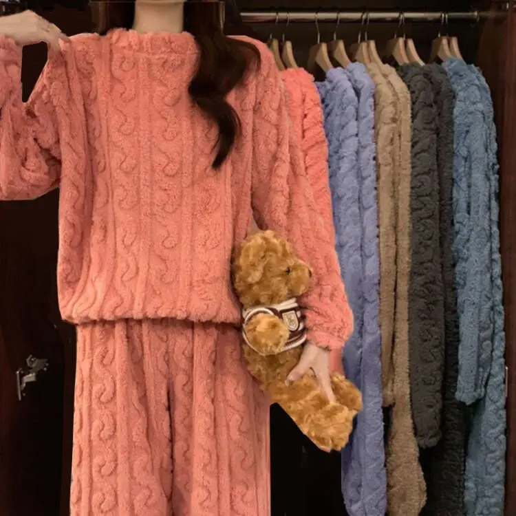 Thick Coral Fleece Pajamas Set Women's Autumn Winter Home Clothes Flannel Warm Large Size Fleece Lined Sleepwear Suit S11dfa84d3b224ac3b13e43790c8f2987X