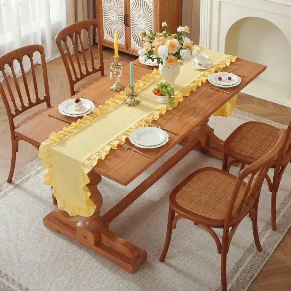 

Rustic Style Ruffled Edge Table Runner Rectangular Washed Cotton Dinning Table Runner Anti Slip Solid Color Wedding Tablecloth
