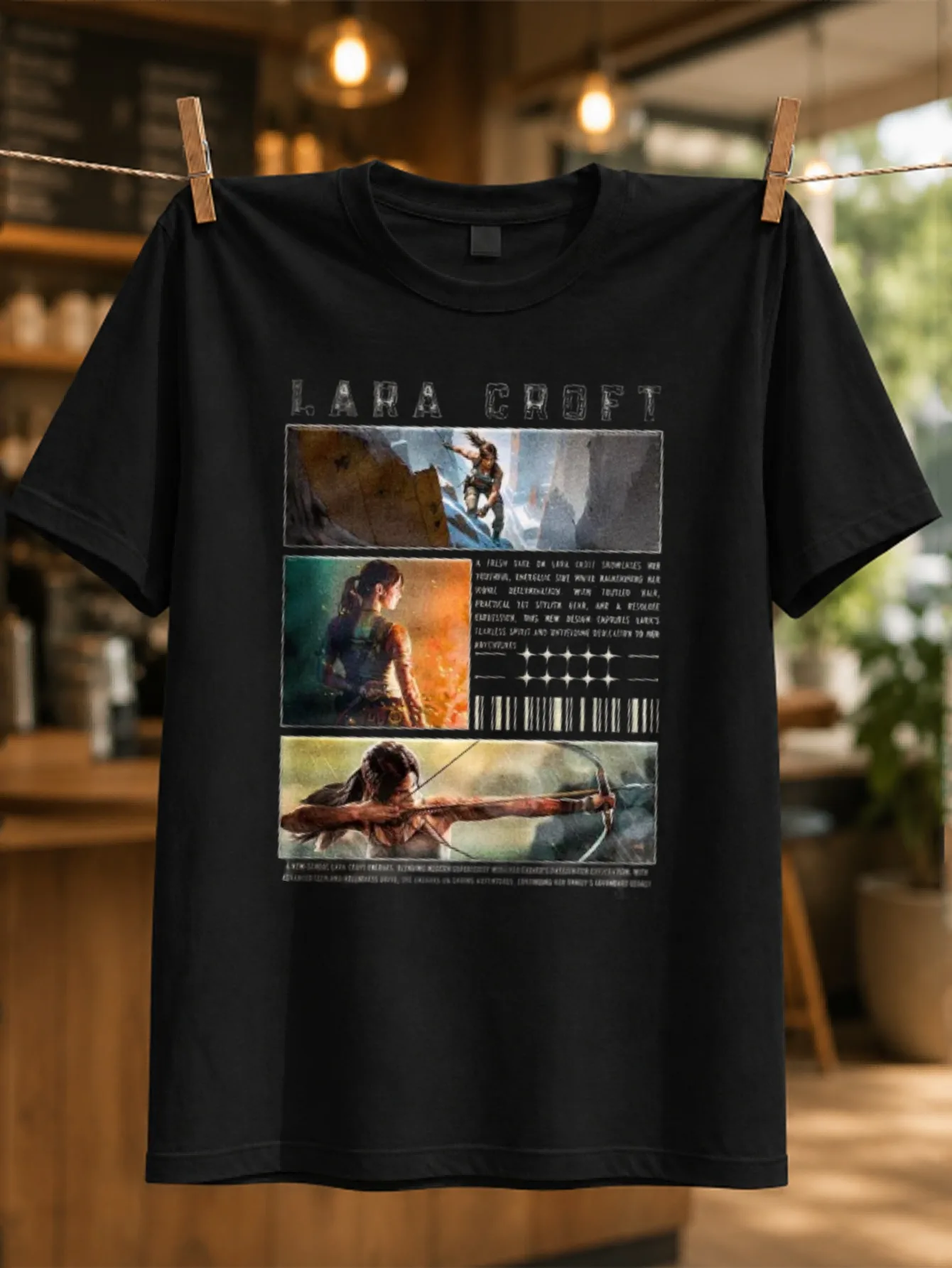 Lara Croft Adventure climbing scene panels bow action barcode detail and rugged expedition story  Unisex All T-Shirt