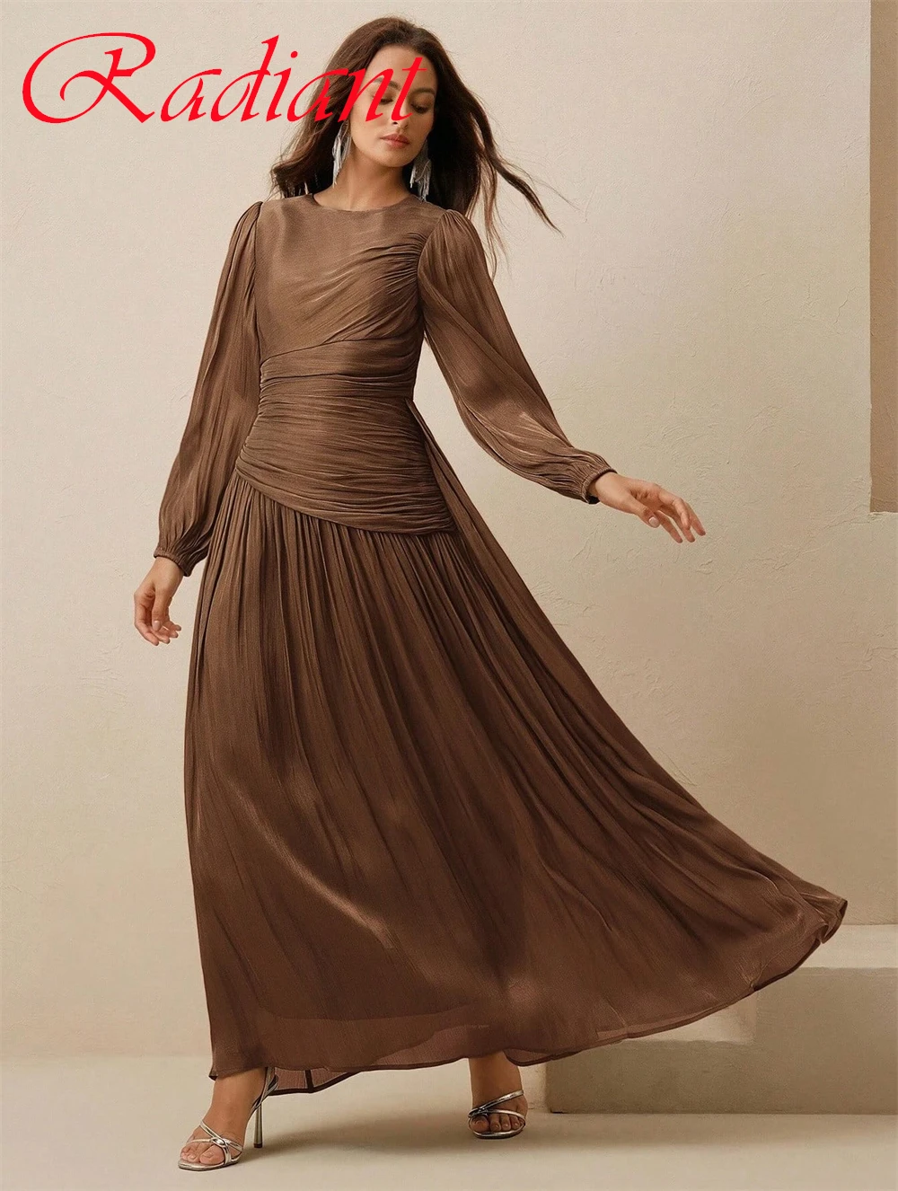 Personalizado delicado marrom chiffon vestido de noite temperamento tripulação pescoço mangas compridas zíper voltar vestidos de ocasião especial