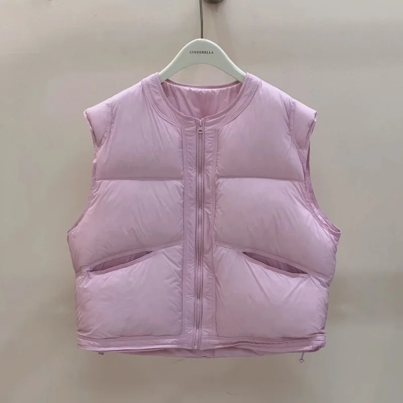 Hochwertige Winter-Weste für Damen mit Rundhalsausschnitt, verdickt, warm, Gänsedaunenweste, modische High-Street-ärmellose Leibchen-Puffy-Weste
