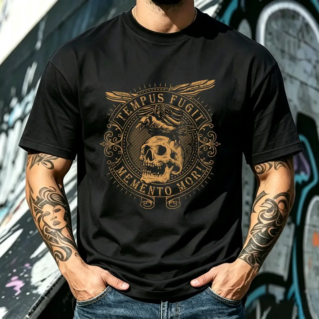 washed T Shirt Tempus Fugit Memento Mori Latin Phrase Size S 5XL vintage Washed Soft Top For Everyday Wear Versatile