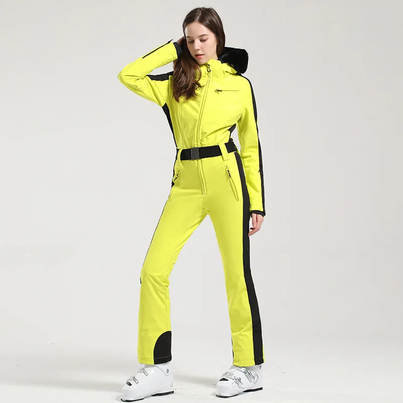 Winter Jumpsuit for Women, One Piece Ski Suit, Waterproof, Windproof, Thicken Thermal with Waistband, Hooded for Sport Snowboard