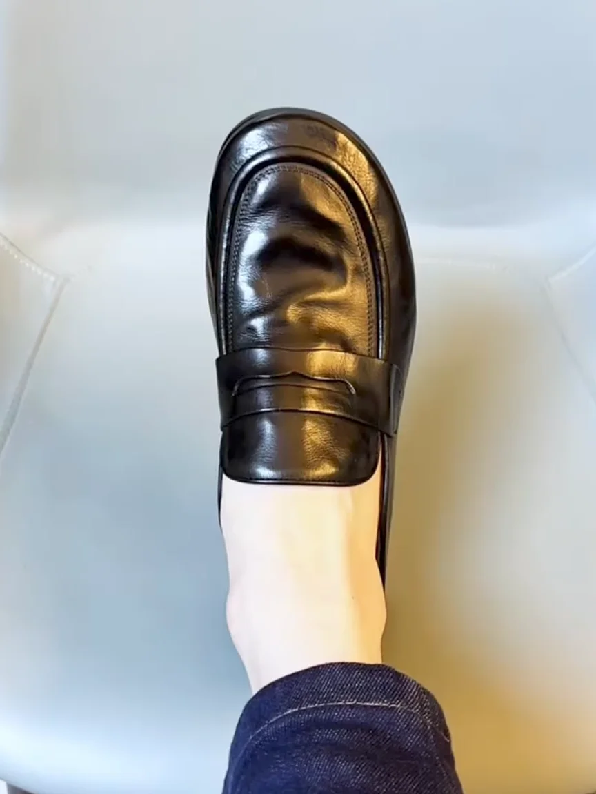 

New 86033 Men's Casual Comfortable Pure Leather Shoes Fashionable Youth Trend Flat Heel Wear Resistant round Toe Rubber Outsole