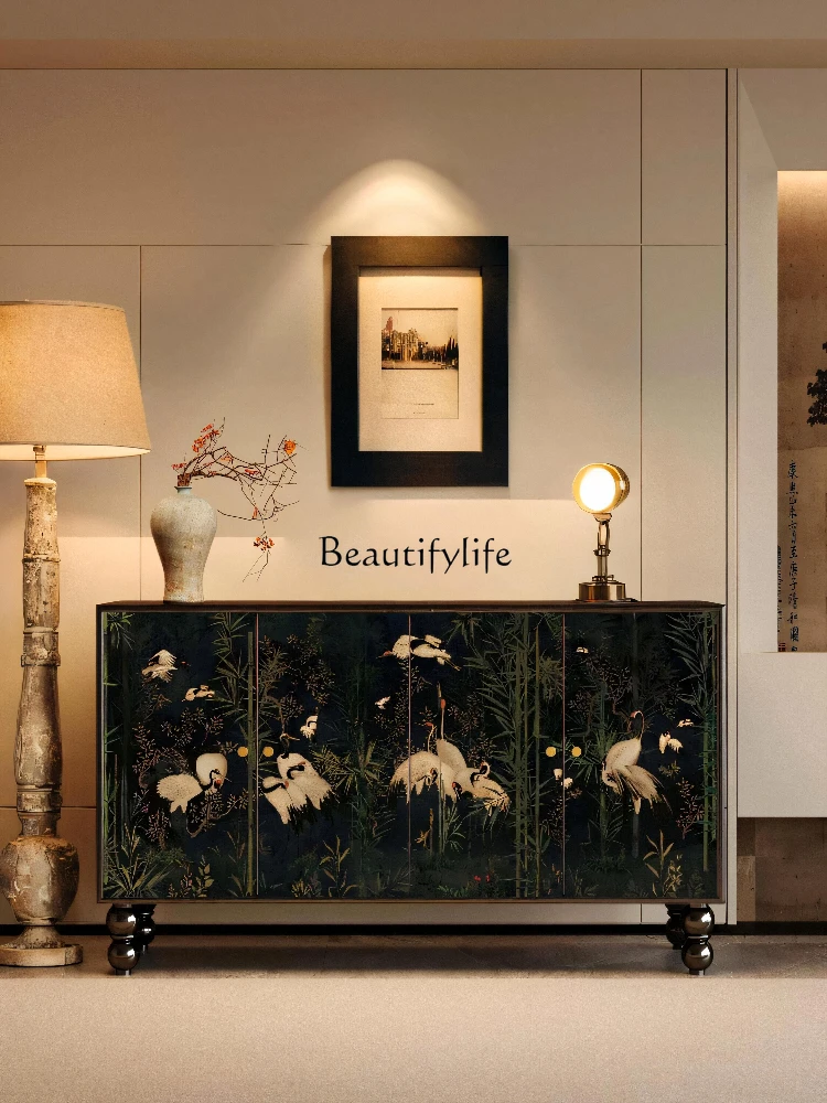 

New Chinese-style retro crane dining side cabinet Solid wood entrance living room storage decorative cabinet