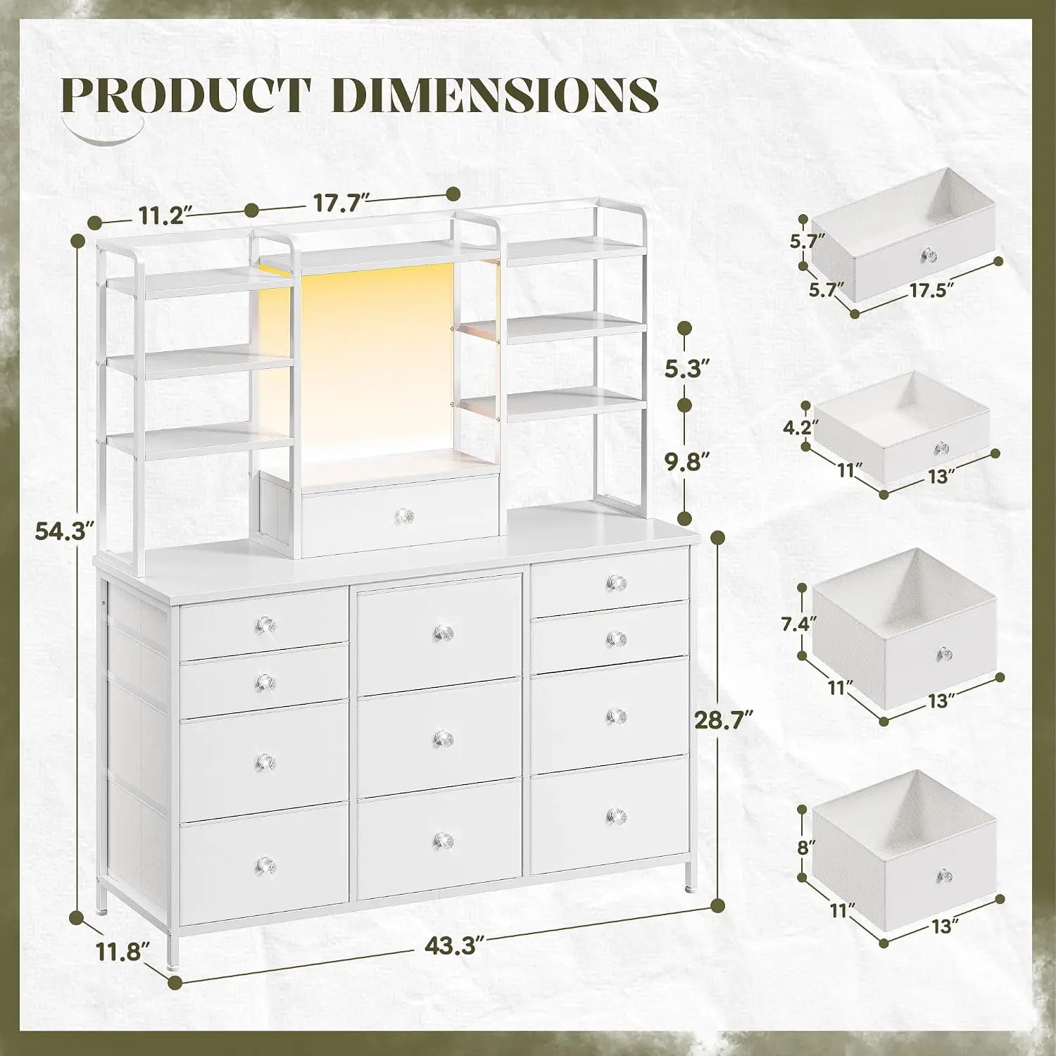 White Dresser with RGB LED Lights & Vanity Organizer for Bedroom, Customized
