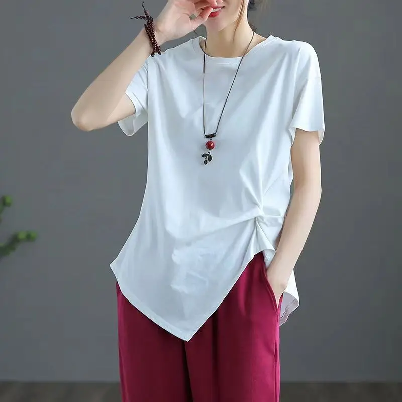 Fashion O-Neck Loose Folds Shirring T-Shirt Female Clothing 2023 Summer New Oversized Casual Pullovers Tops Irregular Tee Shirt