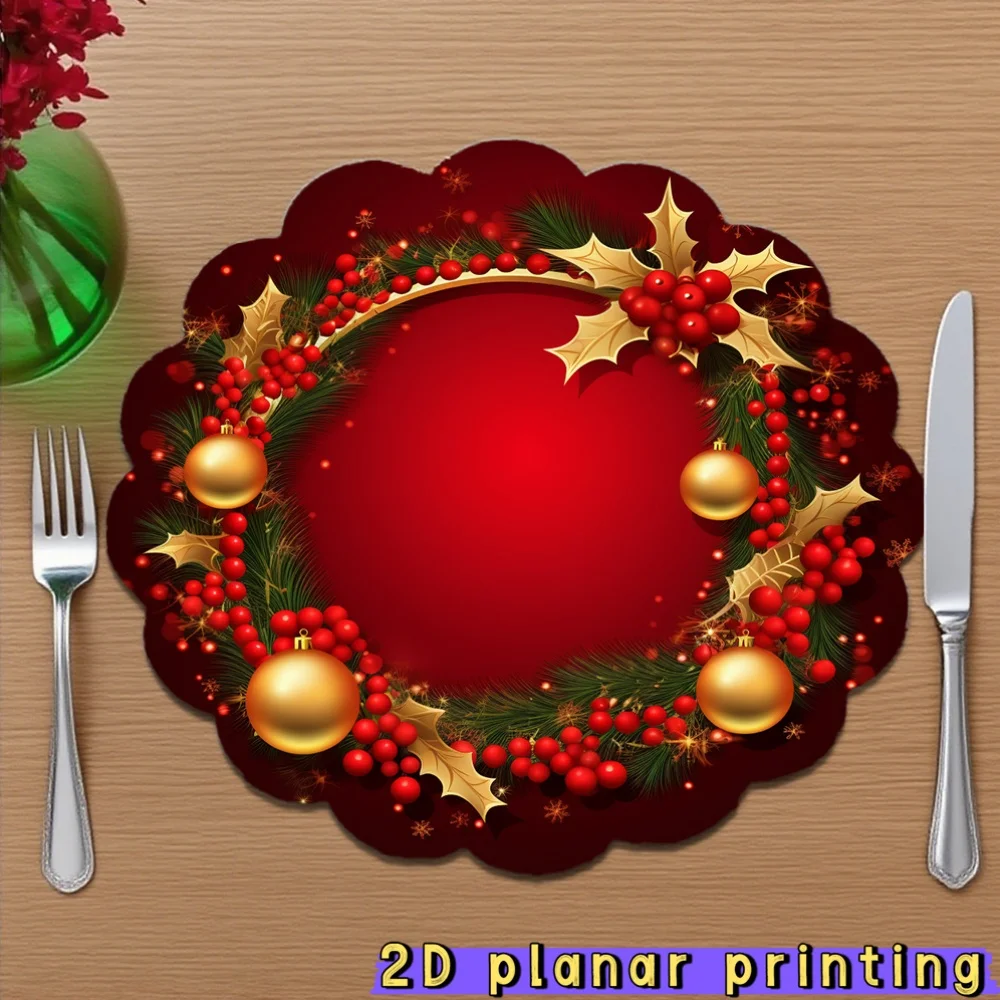 VIKAMA 4-teilige Weihnachts-Tischsets mit gewelltem Rand und Weihnachtskugeln für Versammlungen, Weihnachts-Tischdekorationen und Accessoires