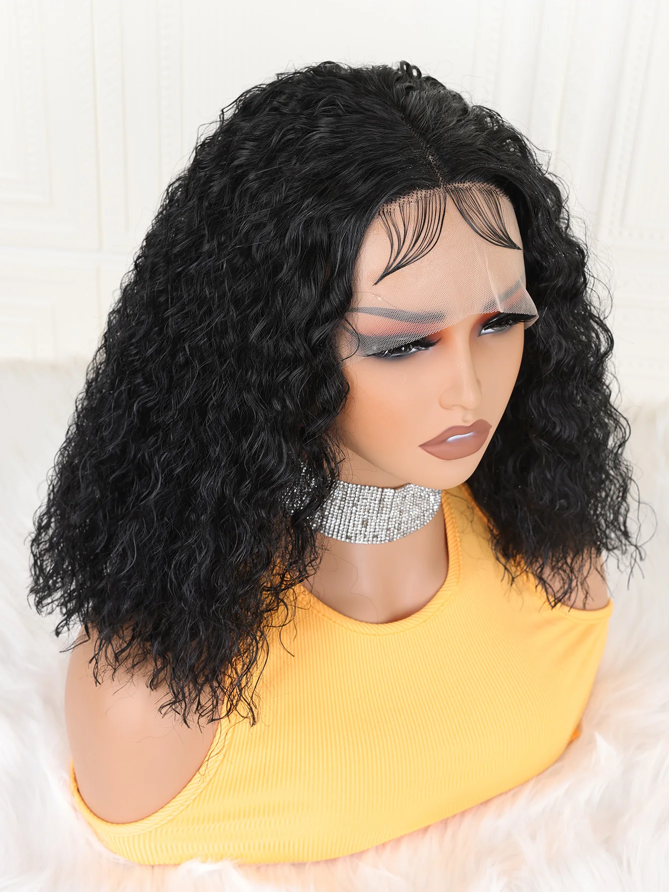 Perruque Lace Front Wig synthétique bouclée et crépue sans colle, douce, 16 pouces, densité 180, longue, noire, 13x4x1, Babyhair, pre-plucked, quotidien, pour femmes