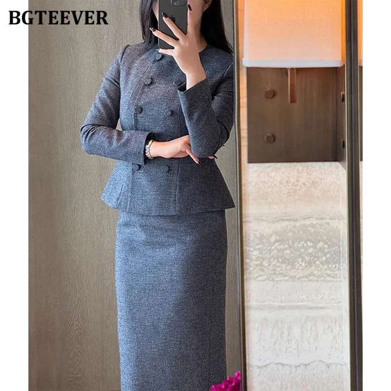 BGTEEVER Vintage Ladies Skirt Suits Slim Waist Blazer & Package Hip Skirts Women Blazer Set
