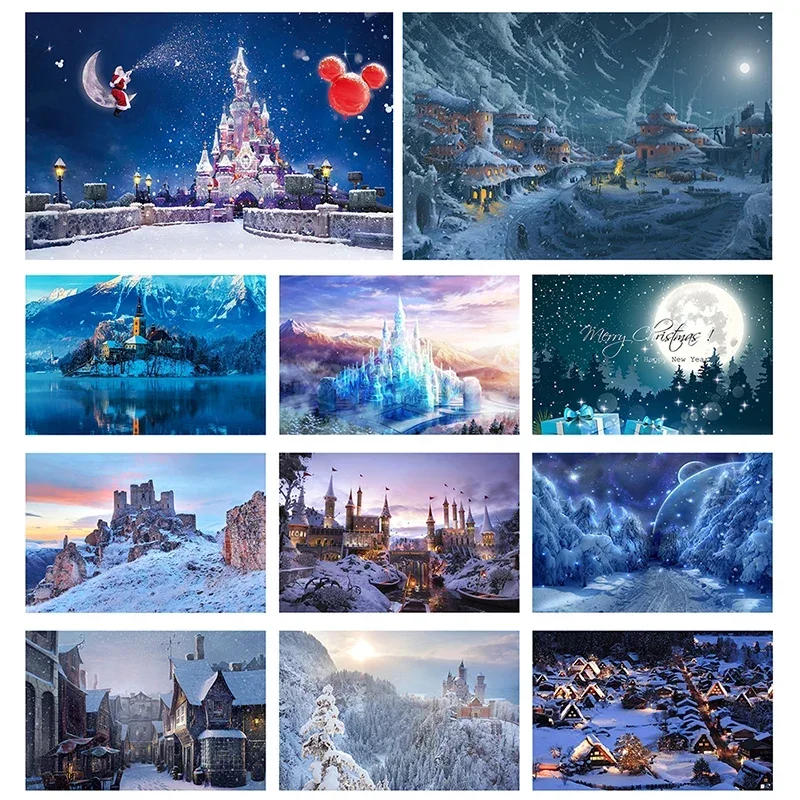 5x3ft/7x5ft Christmas Snow Castle Theme Vinyl Photography Background Cloth Photo Poster Print Xmas Home Backdrop Art Decoration