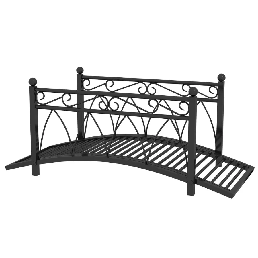 

3.3' Metal Arch Zen Garden Bridge with Safety Siderails Drative Footbridge Delicate Scrollwork Corner Spheres for Stream Fish