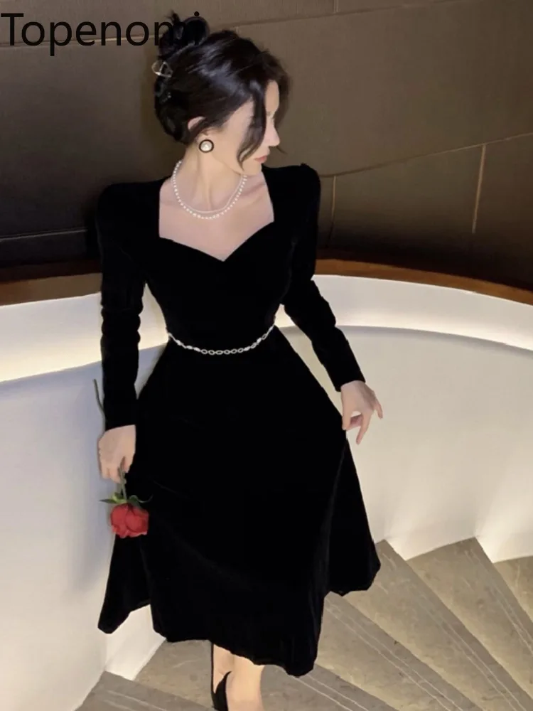 Topenomi French Retro Banquet Party Dresses Women Autumn Elegant High Waist Long Sleeve A Line Mid Length Wedding Evening Gown