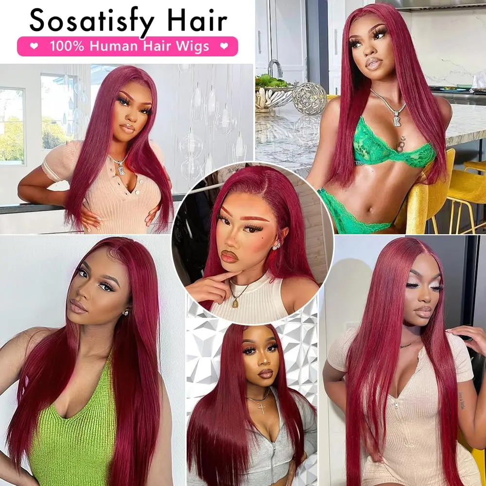 Straight 99J Burgundy Lace Front Wigs Human Hair 13x4 Glueless HD Transparent Red Wig Human Hair Lace front 200% Density Colored