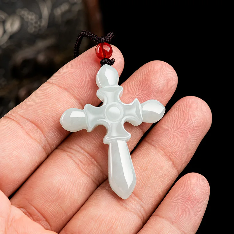 Natural Myanmar A Jadeite Waxy Light Green Cross Jade Pendant Men's Women's Charms Jewelry Wholesale Drop Shipping