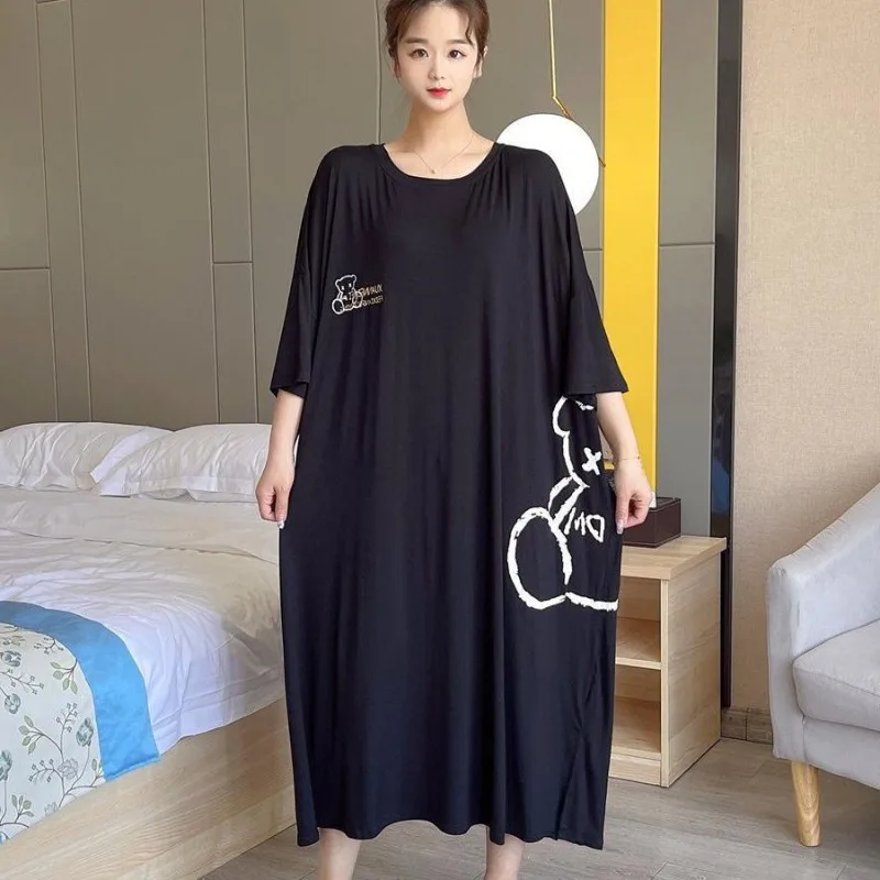 150kg Plus Size Summer Nightgown Women Loose Long Homewear Sleepwear Dresses Oversize Cartoon Pajamas Short Sleeve Night Shirt