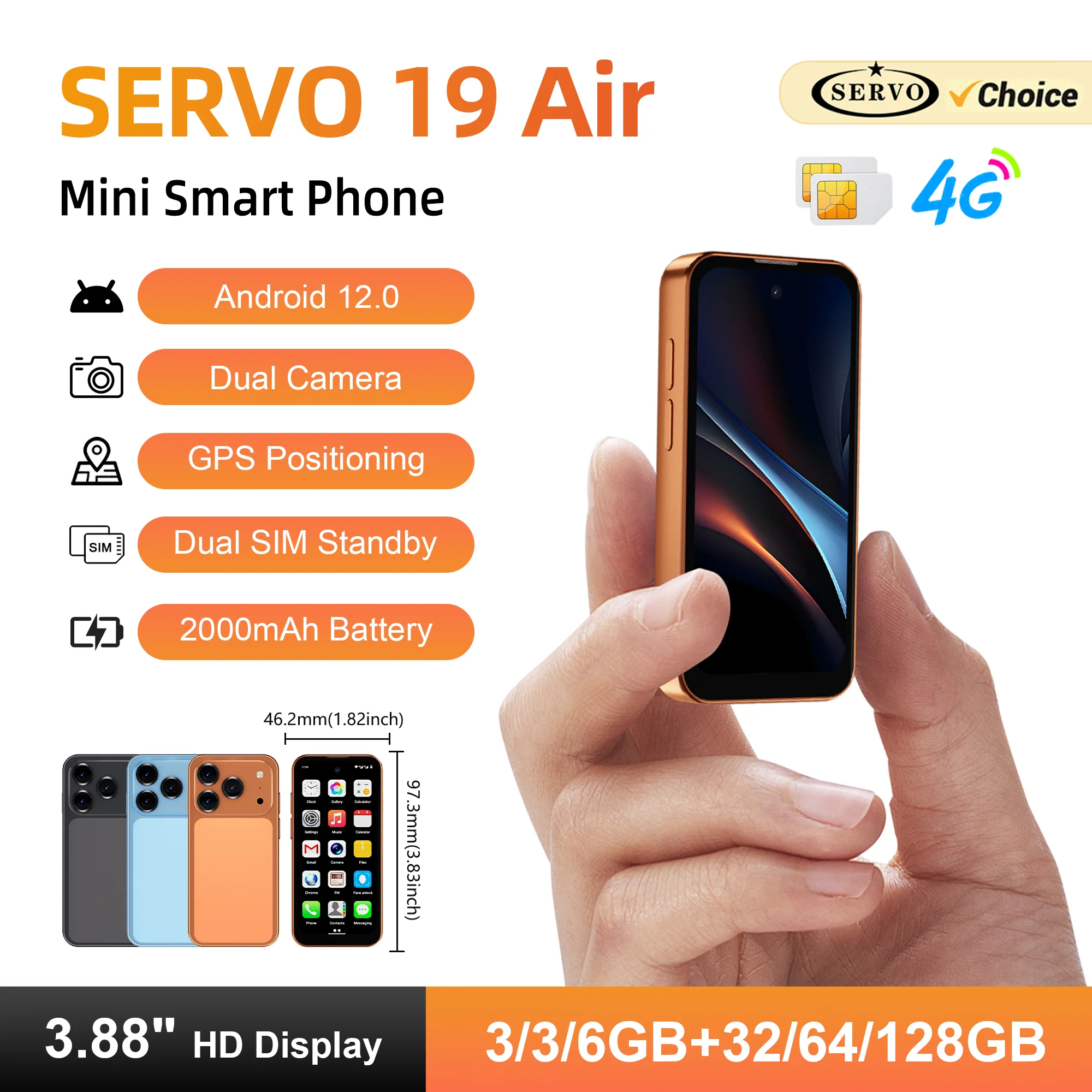 SERVO 19Air Mini 4G LTE Android 12 Smartphone Dual SIM Face Unlock WiFi GPS OTG 6GB RAM 128GB ROM 3.88" Pocket Mobile Phone MP3
