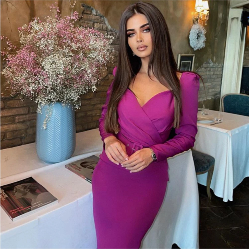 Elegant Party Dresses Slim V Neck Long Sleeve Dress With Belt Office Lady Solid Red Puff Sleeve robe femme2024