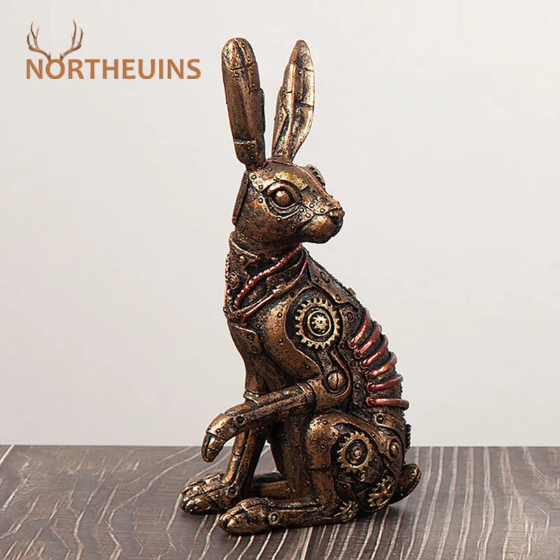 

NORTHEUINS Resin Rabbit Statues Steampunk Metal Animal Figurines Steam Punk Mechanical Ornament Inteiror Home Office Decorations