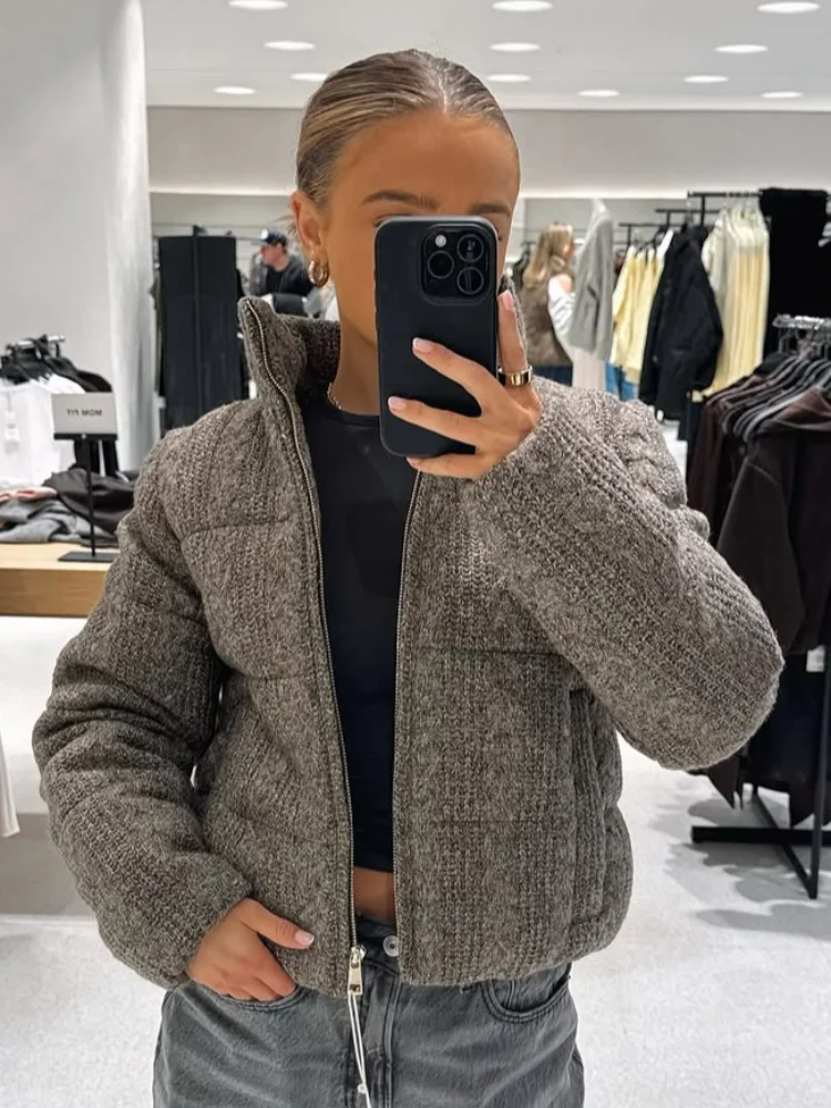 

2025 Winter Fashion Lady New Outwear Stand Collar Knit Zipper Women's Cotton Coats Loose Long Sleeve Pocket Warm Thicken Jacket