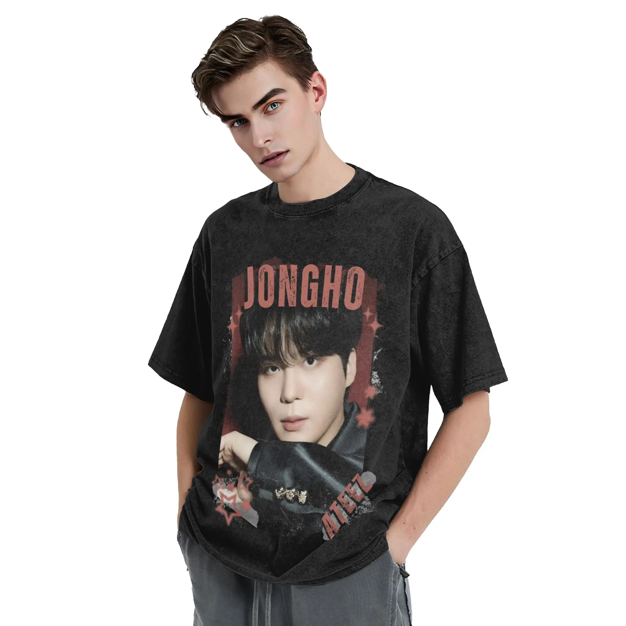 Kpop Boy Group A-Ateez Jongho Washed T Shirt Streetwear  Cool T-Shirts  Tee Shirt for Men Women 100% Cotton Harajuku Printed