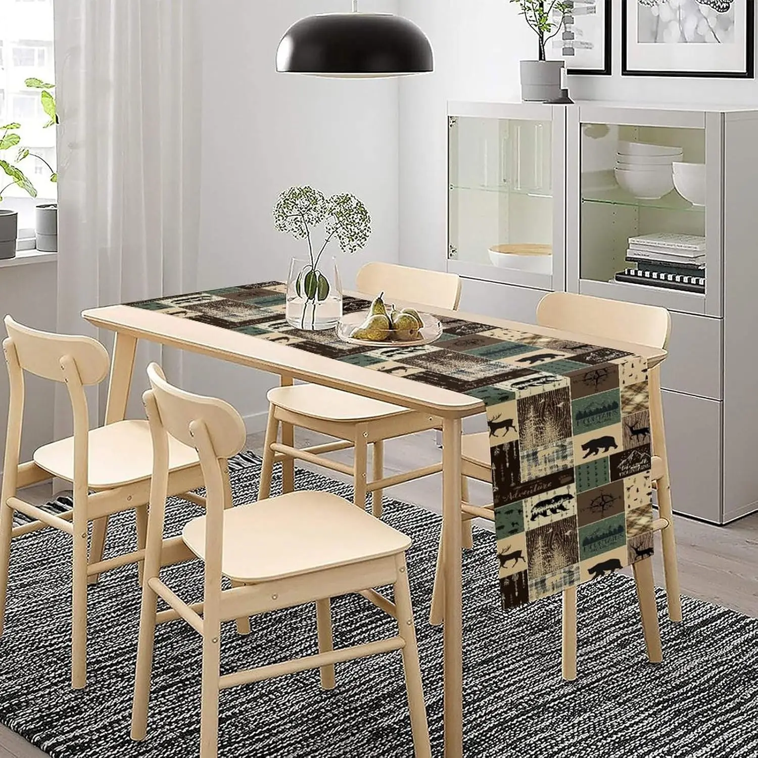 Rustic Farmhouse Deer Bear Table Runner - Vintage Cabin Hunting Wild Animal Plaid Table Cover for Dining Kitchen