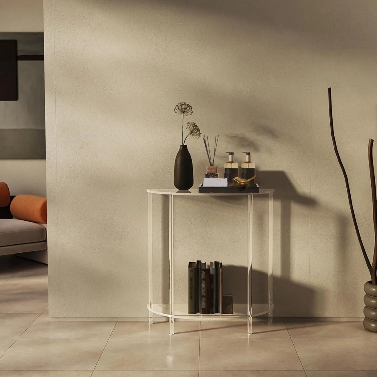 طاولة جانبية شبه القطع مكونة من طبقتين منضدة صغيرة من مادة الأكريليك عالية الجودة لغرفة المعيشة وغرفة النوم بجانب السرير وطاولة جانبية للحائط #2
