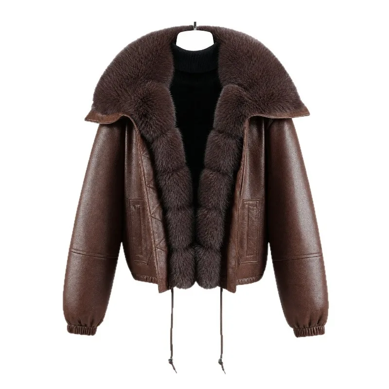 2026 New Women Cropped PU Leather Coat Fur Collar Zip Up Loose Solid Long Sleeve Pocket Elegant Warm Coat Autumn Winter