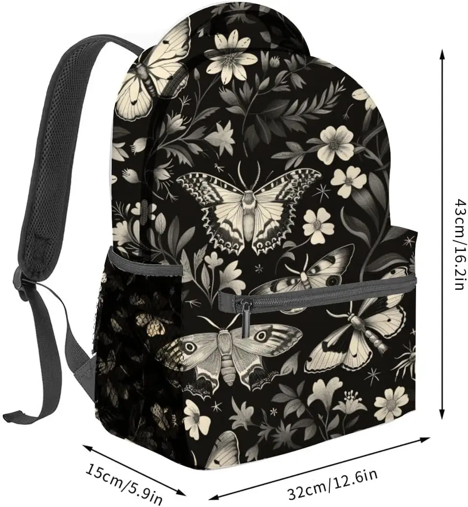 Vintage Moth Rucksack, Schwarz Weiß Gothic Floral Retro Polyester Rucksäcke, Leichter Doppel-Schulter-Rucksack für Frauen, Goth