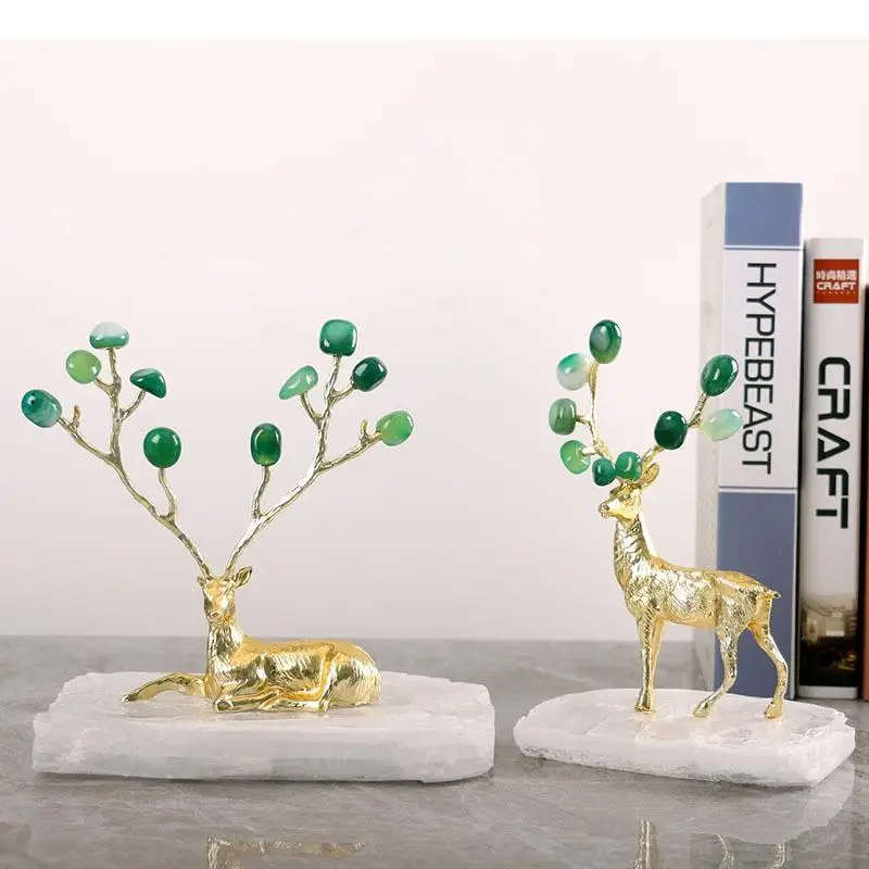 

Gold Plated Deer Alloy Statue Agate Crafts Desk Decoration Golden Sculpture Ornaments Room Aesthetics Furnishings