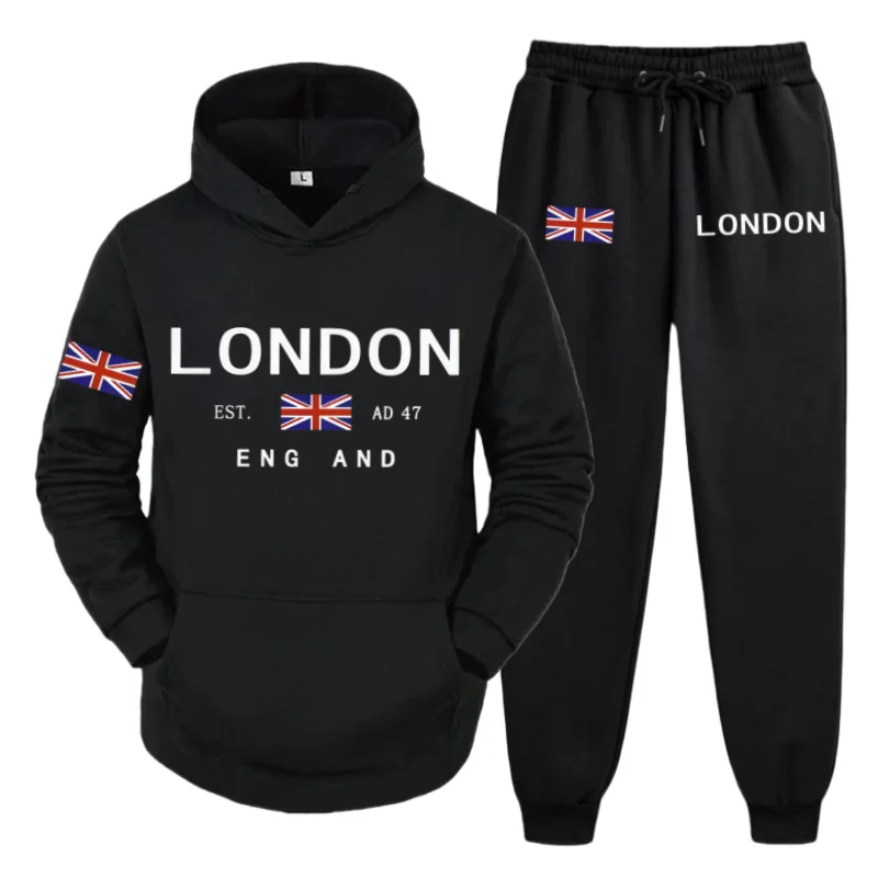 

2025 Autumn Winter New Men's Casual Sports Set – Hoodie + Jogging Pants with London UK Flag Print, Fashion Two-Piece Suit