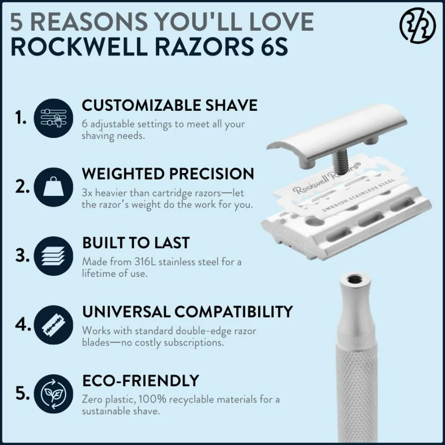 6S DoubleEdge Safety Razor in Matte Silver with 6 Adjustable Shave Settings and 5 Fully Recyclable Blades Reusable Safety Razor