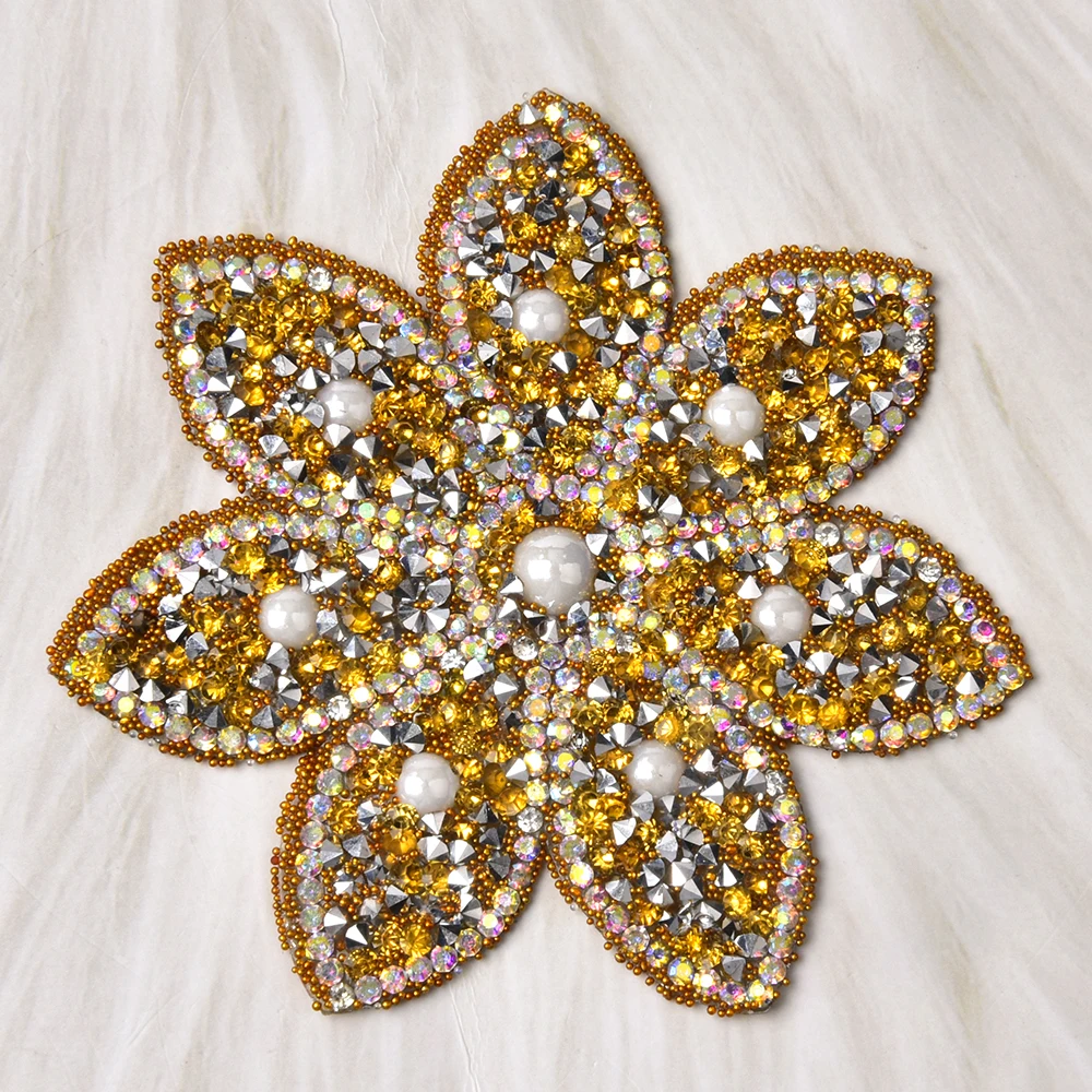 5pcs Pearl Caviar Beads Rhinestone Flower Motifs Patches Applique Iron On For Clothing Sticker Diamond Accessories