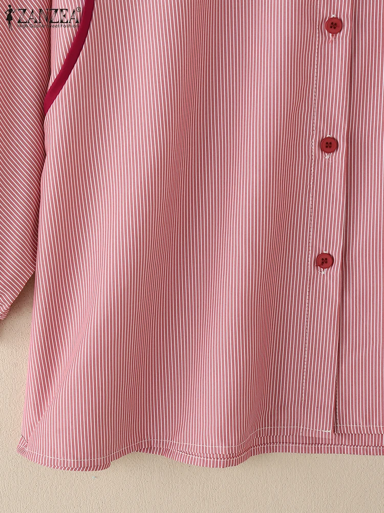 ZANZEA Jesienne Koszule w Paski Damskie Koreańska Moda Eleganckie Rękawy 3/4 Kołnierzyk Kolorowy Blok Kontrastowe Paski Koszule Damskie