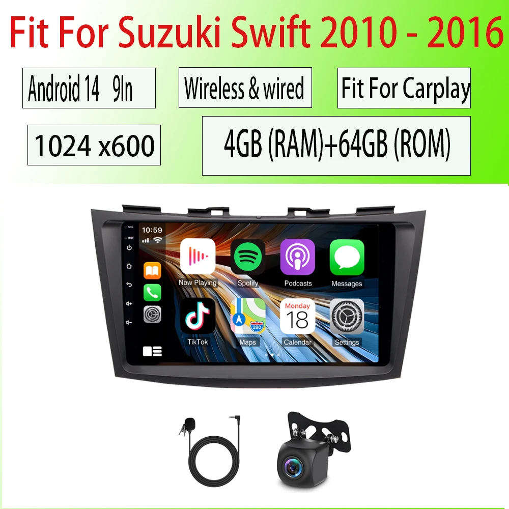 9inch  Car Stereo Radio For Suzuki Swift 2010 - 2016 Android 14 GPS Navigation fit for Carplay/Android Auto 2 Din 4+64G SWC RDS