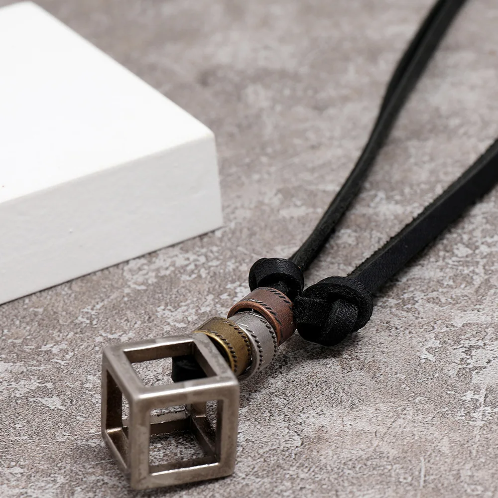 Man Genuine Leather Men Necklaces Hollow Square Pendants Punk Vintage Adjustable Brown Rope Chain Male Jewelry Mens Jewellery