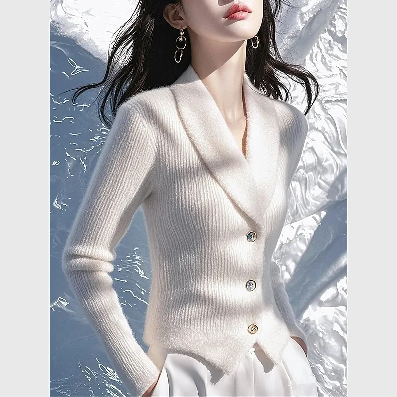 

This Year's Hot Selling White Thick Sweater Cardigan Women Winter 2025, With A Slim Fit And Waist Cinching Knitted Base Sweater