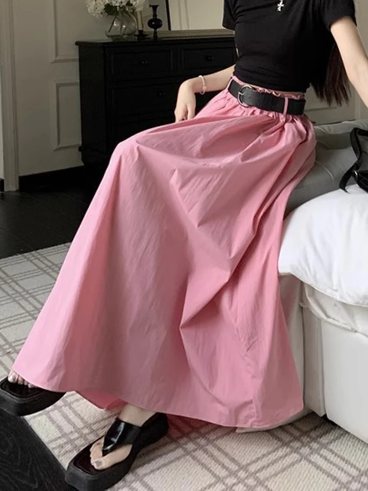 Verão novo rosa a linha saia feminina elástica cintura alta escondendo emagrecimento versátil saia coreano sle saia longa