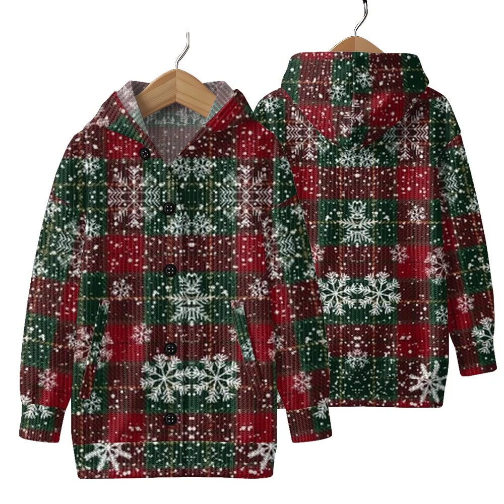 

Женские уродливые рождественские пальто с капюшоном и принтом оленей и снежинок, кардиган, уличная одежда на пуговицах спереди, праздничная вечеринка, сезонная верхняя одежда
