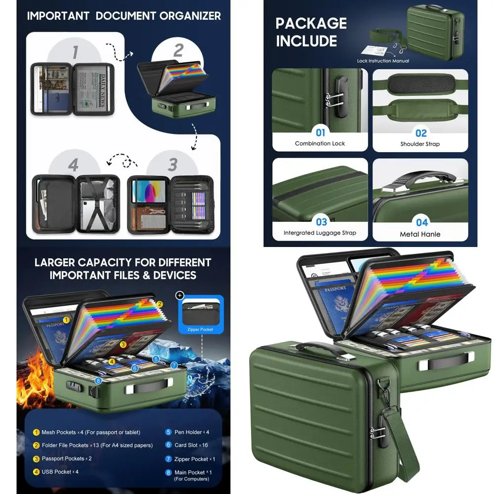 

Портативный жесткий футляр для документов с замком для безопасного хранения проездных документов, паспортов и сертификатов, цвет: лесной зеленый