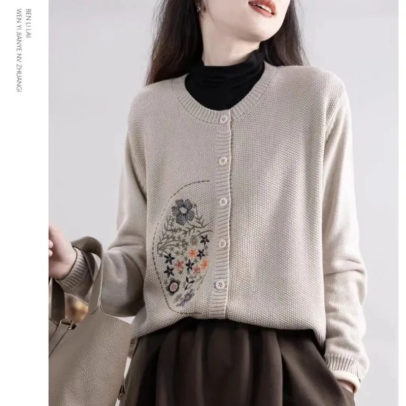 Women Vintage Floral Embroidery Simple Chic Single Breasted Knitted Cardigan Female Casual O Neck Long Sleeve Loose Sweater Coat