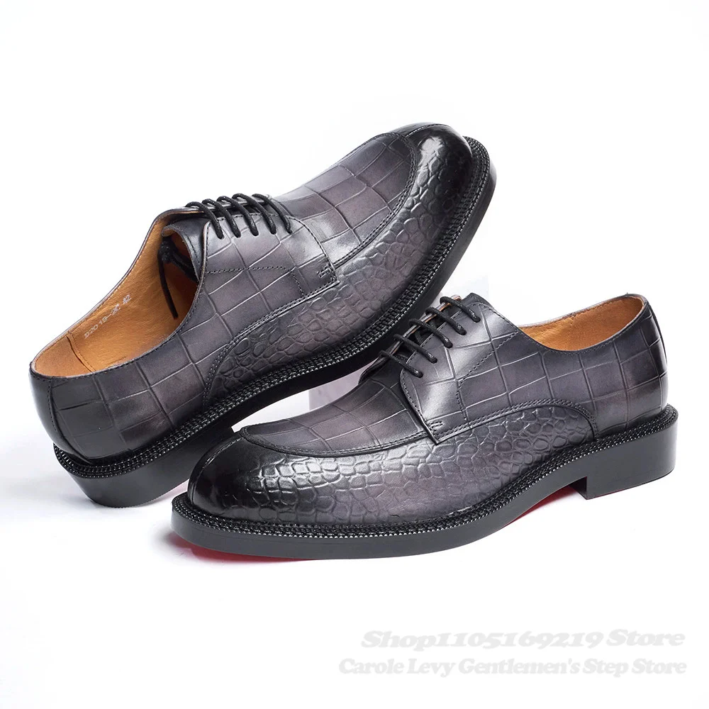 Men's Leather Shoes British Style Black Genuine Cowhide Crocodile Pattern Formal Derby Shoes Thick Sole Height Increase Shoes view 5