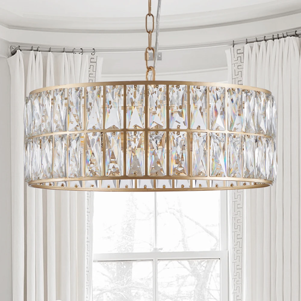 Modern Crystal Drum Chandelier, 6-Light Pendant Lighting Fixture with Golden Metal Frame for Living Room, Dining Room