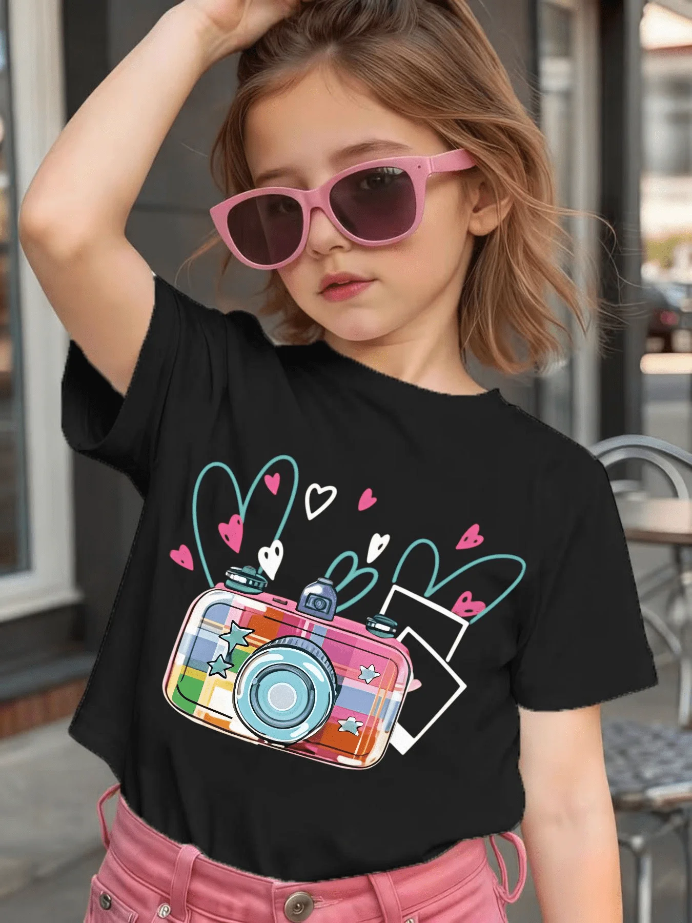 Kids Family Tee Colorful Retro Camera Heart Star Graffiti Print Boys Girls Soft Short Sleeve Casual Daily Matching Tops