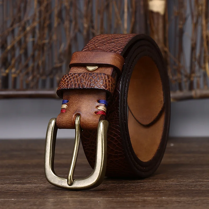 3.8CM Solid Copper Pin Buckle Belt Male Serpentine Belts Cowskin Male Snakeskin Grain Belt Fashion Genuine Leather Jeans Belts