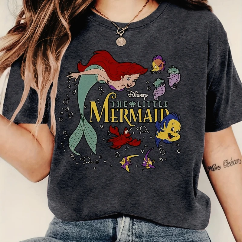 

Disney's Female Mermaid and Friends Series T-shirt Summer Crew Neck Casual Top Fashion Sports Loose Cartoon Short Sleeves